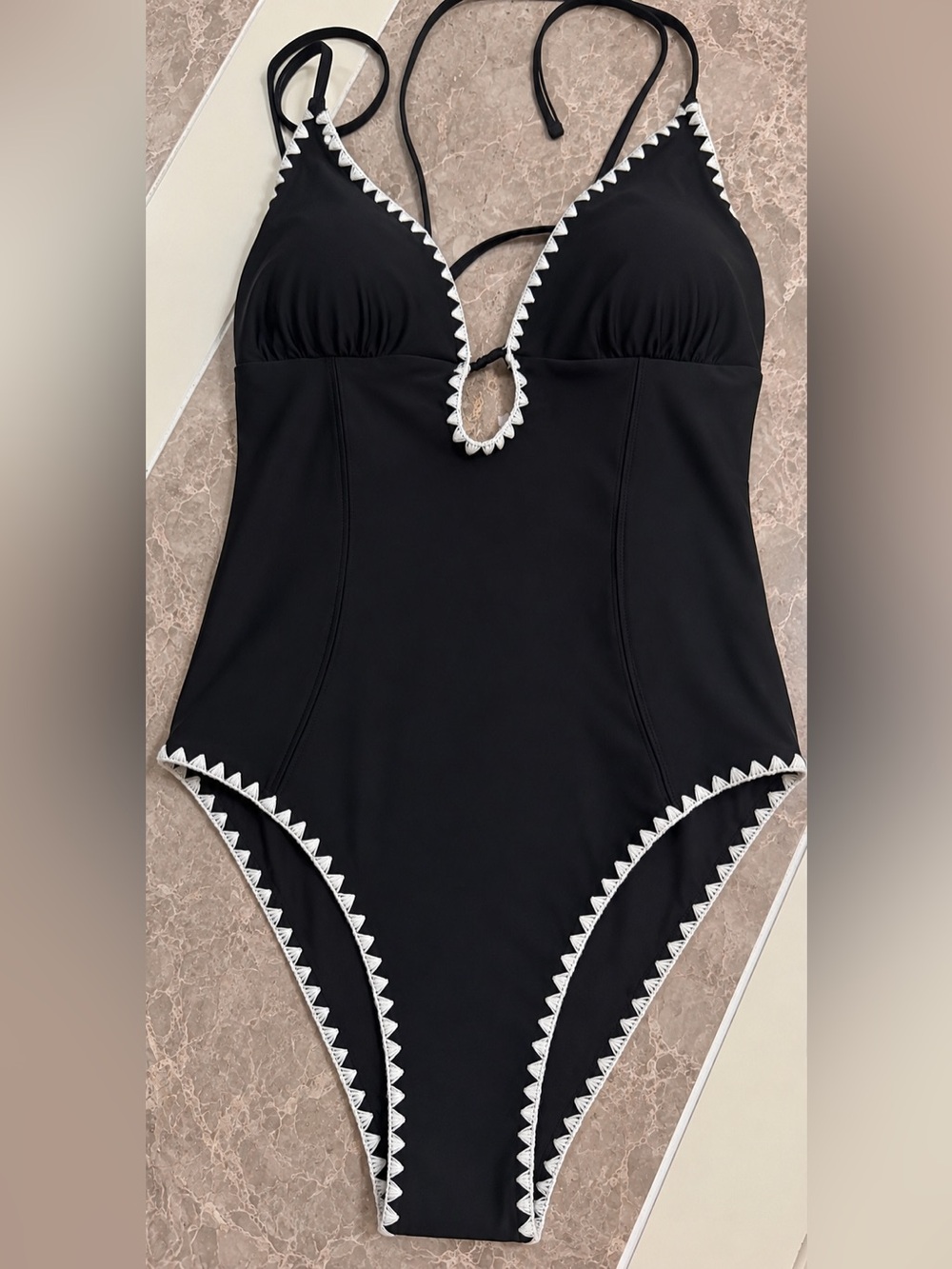 NWT X MILLY Cutout Crochet Trim One-Piece Swimsuit Black/Natural Size M